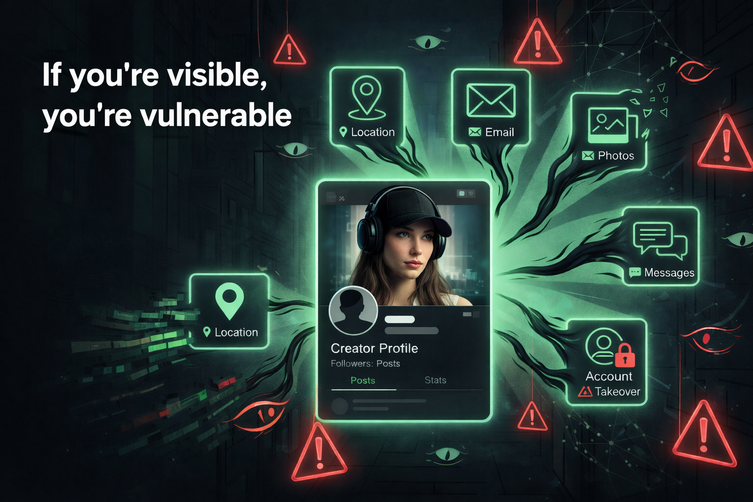 Creator profile surrounded by vulnerability indicators - location tracking, email exposure, photo leaks, messages, and account takeover warnings